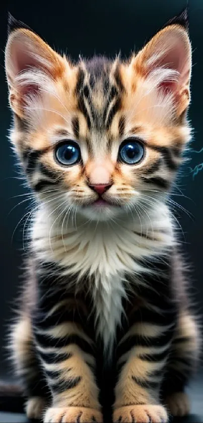 Adorable kitten with blue eyes and brown fur in mobile wallpaper.
