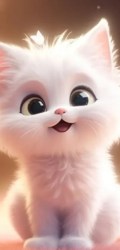 Cute white kitten with fluffy fur and big eyes against a soft background.