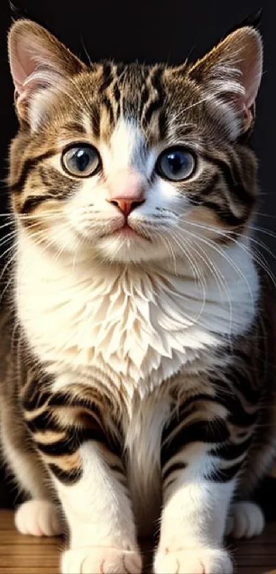 Adorable kitten with blue eyes and brown fur on a mobile wallpaper.