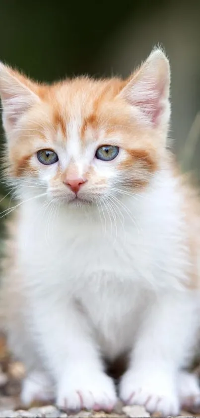 Adorable orange and white kitten sitting outdoors.