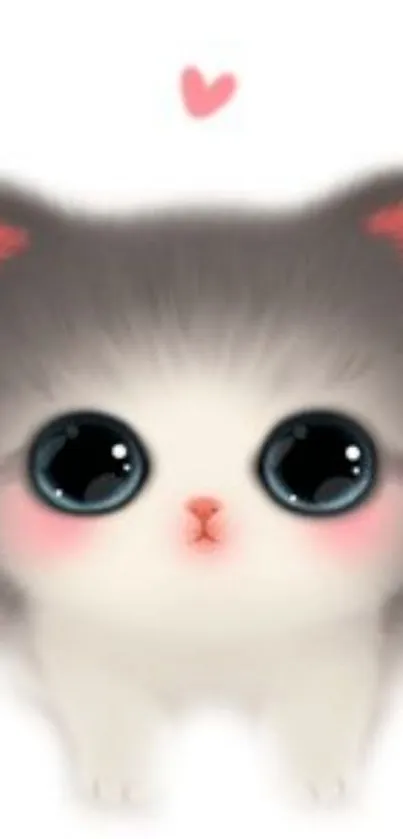 Adorable fluffy kitten with big eyes and a heart, perfect for mobile wallpaper.