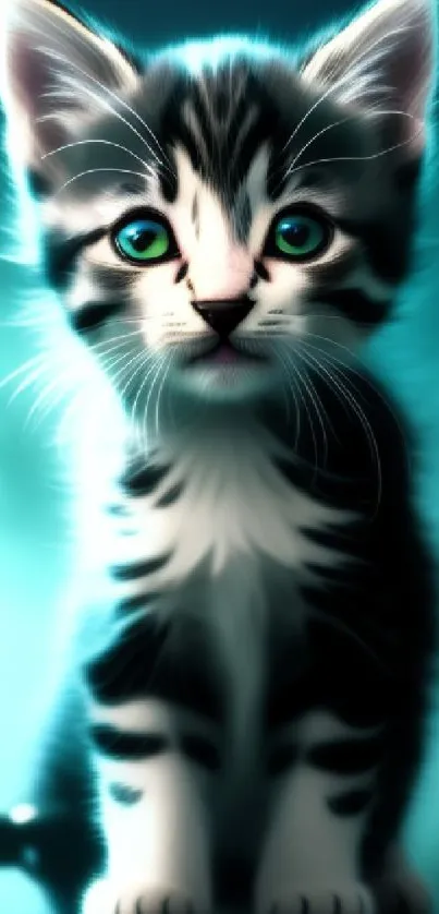 Adorable kitten with glowing neon blue background, captivating eyes.