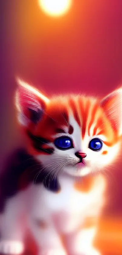 Adorable orange kitten with blue eyes under a twilight sky background.