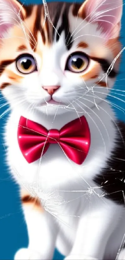 Adorable kitten with red bow tie on blue background.