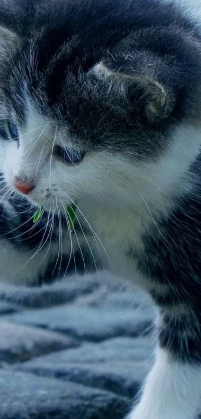 Adorable kitten standing on cobblestones with a curious look.