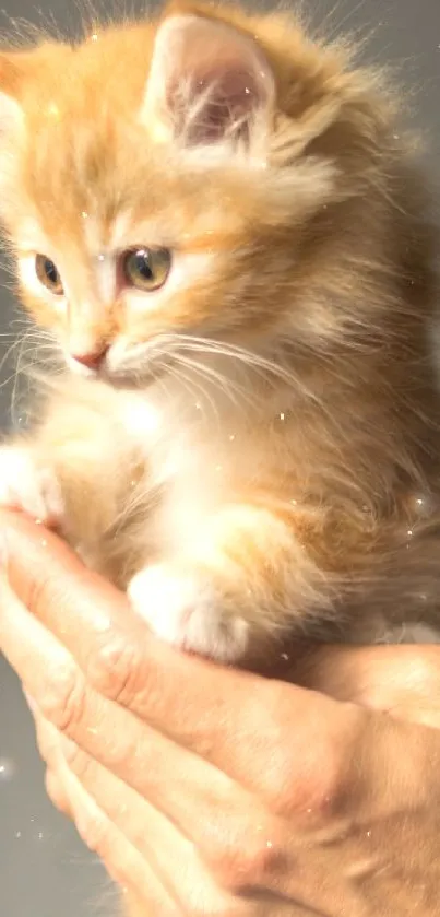 A cute ginger kitten held gently in a hand, with soft lighting and focus.