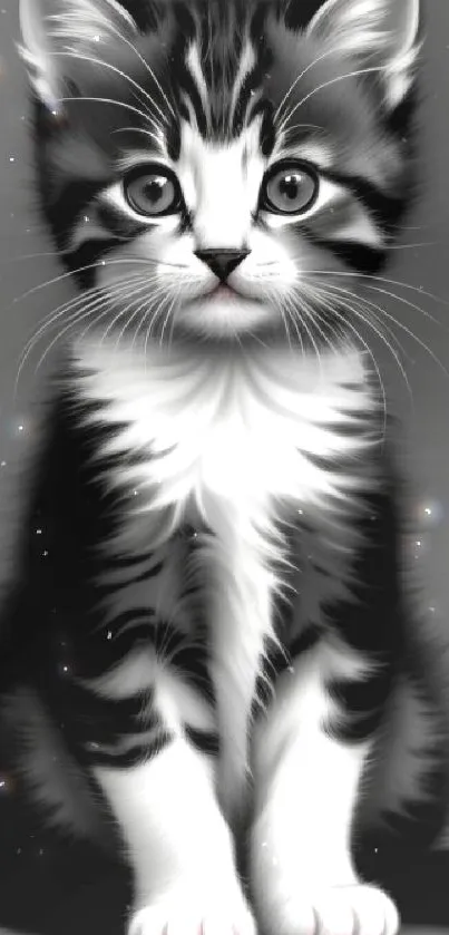 Cute black and white kitten on a grey background.