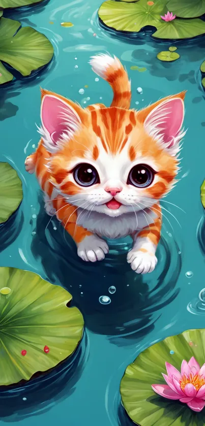 Adorable orange kitten in lily pond.