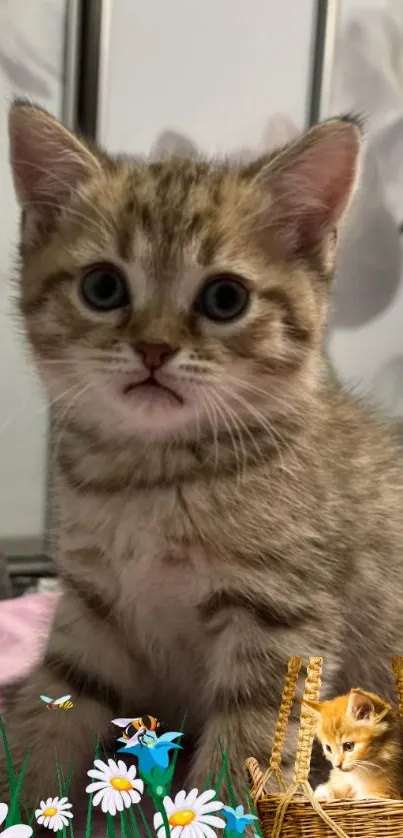 Adorable tabby kitten on a pink blanket with flowers and a basket.