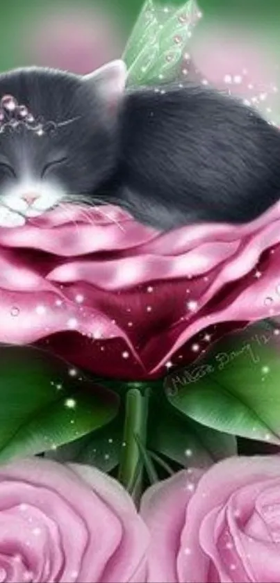 Kitten peacefully sleeping atop a pink rose with green leaves.