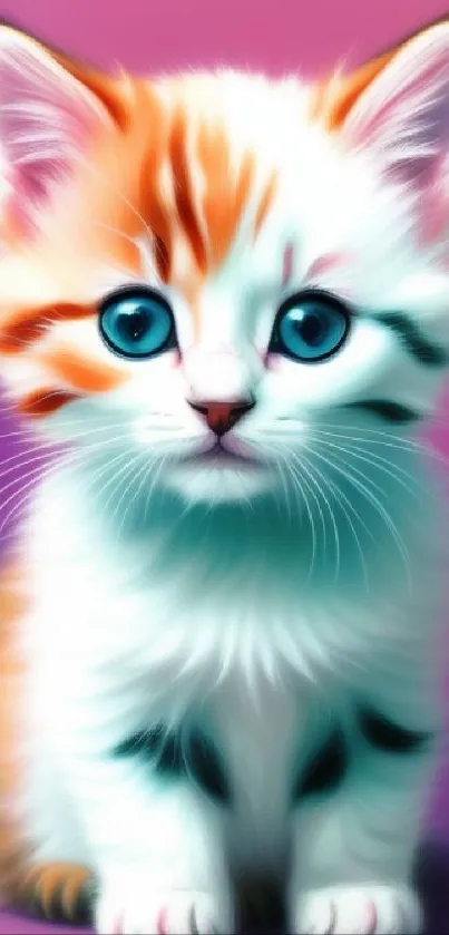 Cute kitten with blue eyes on a purple gradient background.