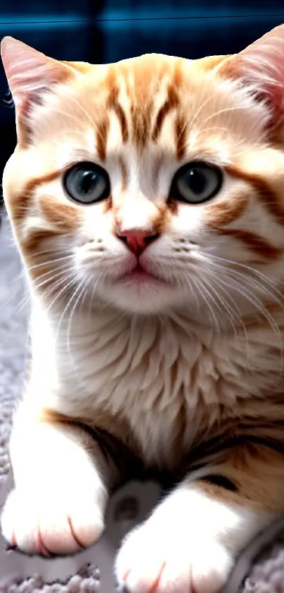 Fluffy orange kitten with blue eyes on carpet.