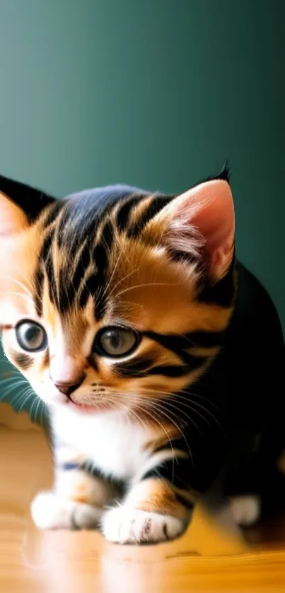 Adorable kitten with green background sitting on wooden floor.