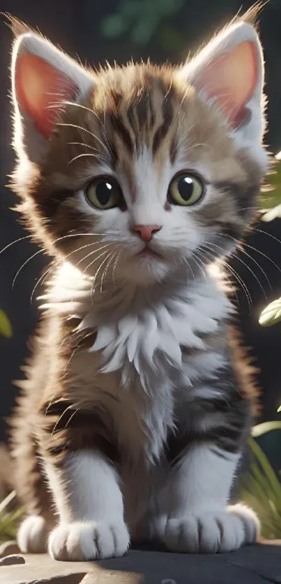 Adorable kitten basking in sunlight on a rock with green plants.