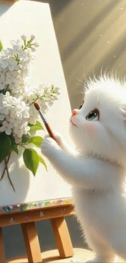 Cute white kitten paints flowers on canvas.