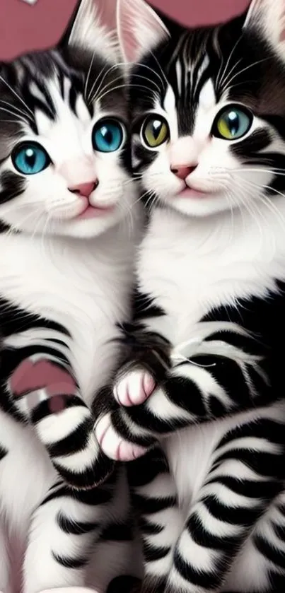 Two adorable kittens with unique eye colors cuddle together.