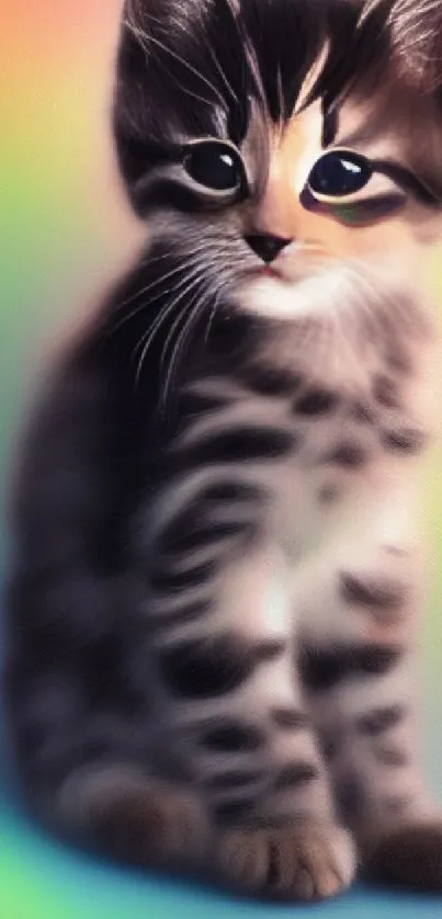 Cute kitten with vibrant rainbow background and soft fur.