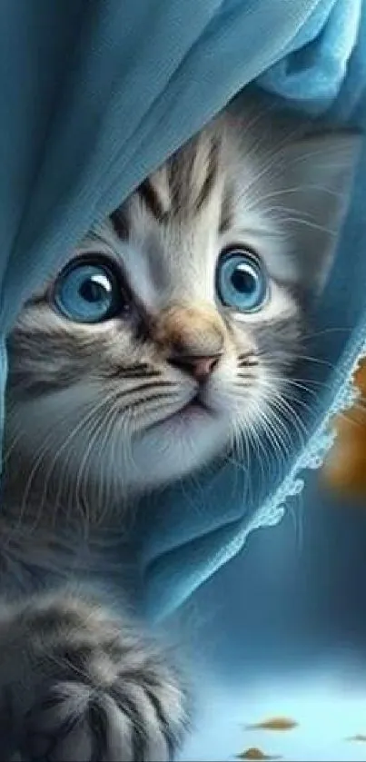 Adorable kitten peeking behind a blue curtain with curious eyes.