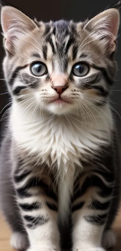 Charming gray kitten with blue eyes sitting on wooden floor.