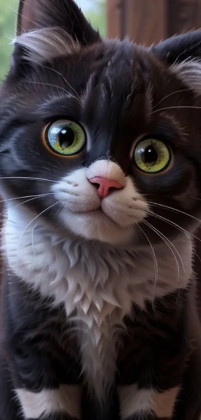 Adorable black and white kitten with green eyes on a dark background.