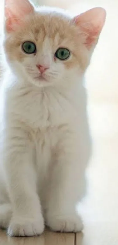 Mobile wallpaper of a cute white and ginger kitten with green eyes.