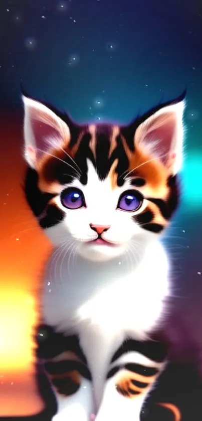 Adorable tabby kitten with blue eyes on vibrant phone wallpaper.