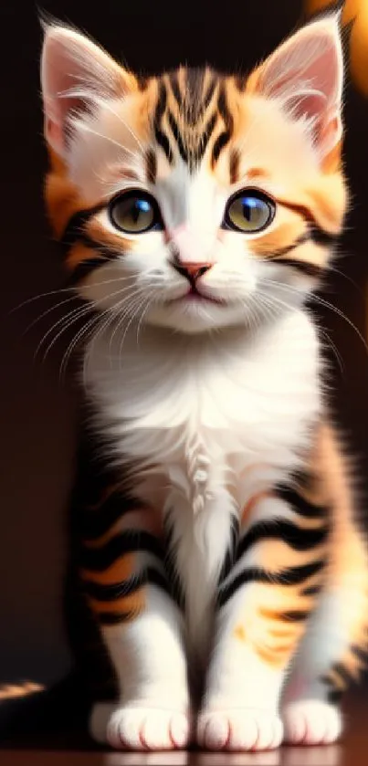 Adorable tiger-striped tabby kitten with blue eyes, sitting indoors.