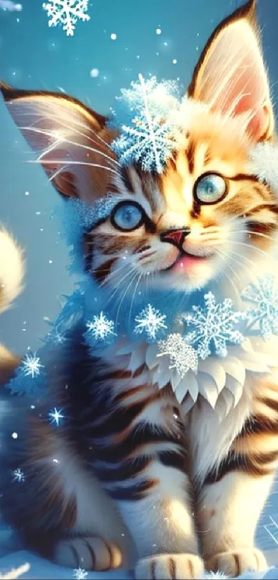 A cute kitten with blue eyes surrounded by snowflakes on a snowy background.