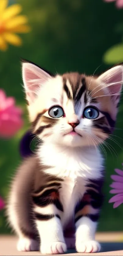 Adorable kitten among colorful spring flowers in a lush green garden.