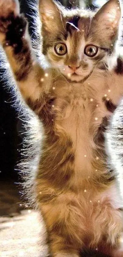 Adorable kitten stretches under sunlight.