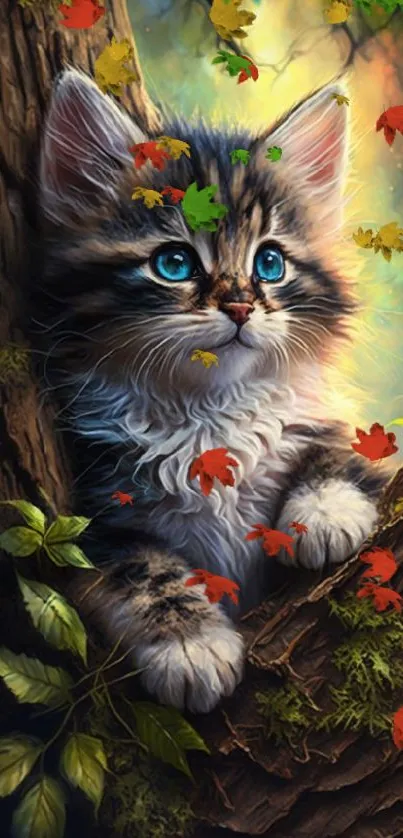 A fluffy kitten with blue eyes sits in a tree surrounded by green leaves.