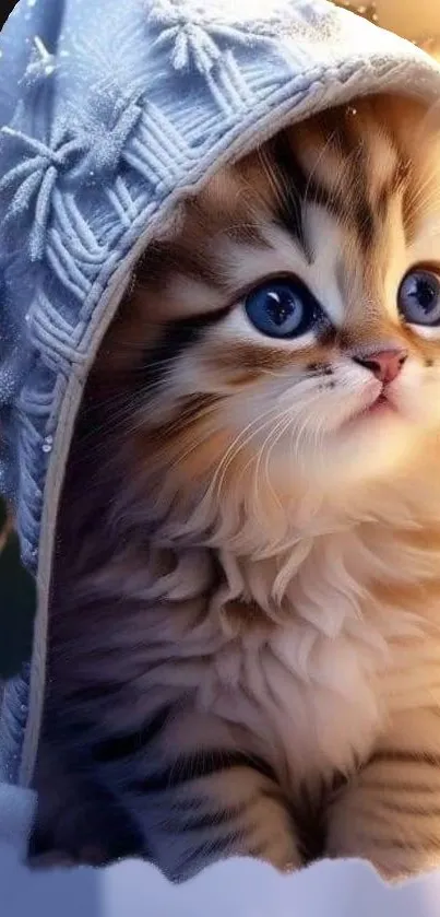 Adorable fluffy kitten under a cozy hood.