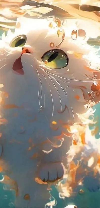 Fluffy kitten surrounded by bubbles underwater, in artistic mobile wallpaper.