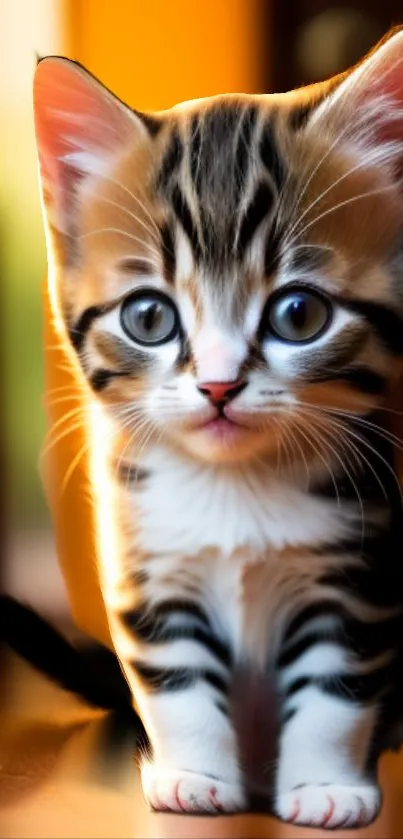 Adorable kitten with bright eyes in a colorful wallpaper.