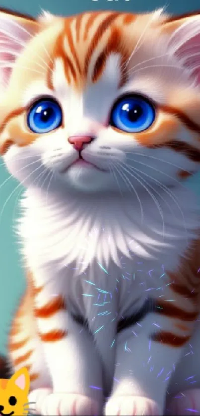 Cute orange-striped kitten with blue eyes on a light blue background.