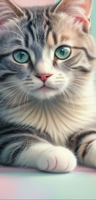 Cute kitten with green eyes on a pastel background.