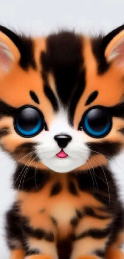 Adorable kitten with orange fur and big blue eyes on a mobile wallpaper.