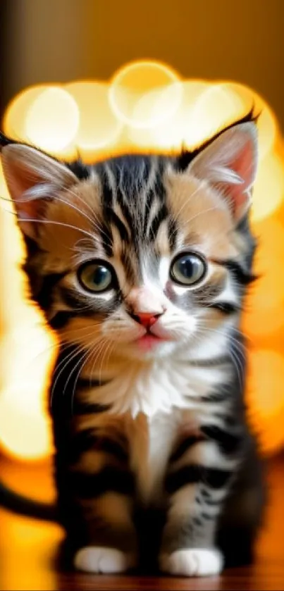 Adorable kitten with bright eyes, soft lighting, and warm yellow bokeh background.