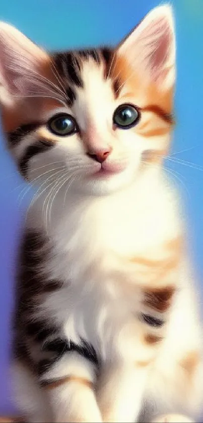 Adorable fluffy kitten against a soft, colorful background.