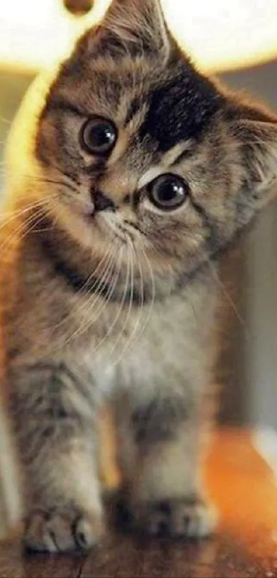Cute kitten looking curious on a wooden surface.