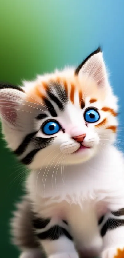 Bright and colorful kitten wallpaper with blue-eyed kitten and vivid background.