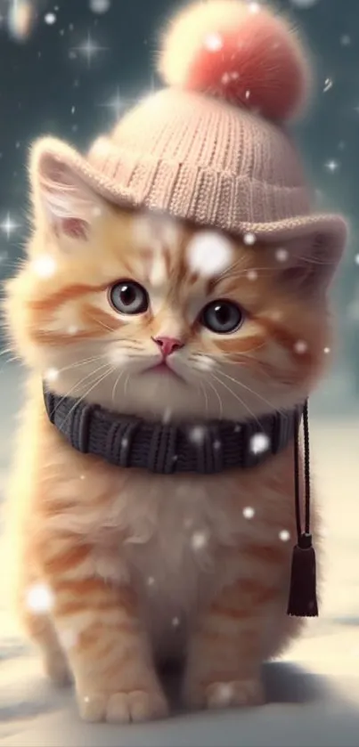 Charming kitten with hat amidst falling snowflakes in winter scene.