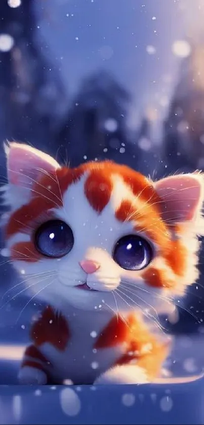 Adorable kitten in snowy landscape with large eyes and fluffy ears.