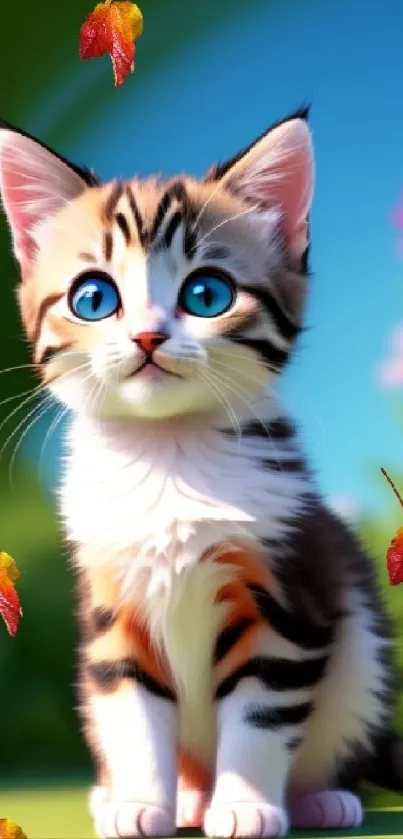 Cute kitten with blue eyes and autumn leaves on a green background.