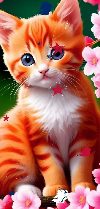 Orange kitten with cherry blossoms wallpaper.