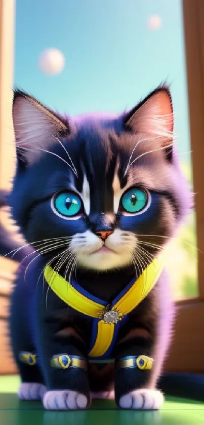 Adorable kitten with blue eyes and a yellow collar in a vibrant setting.