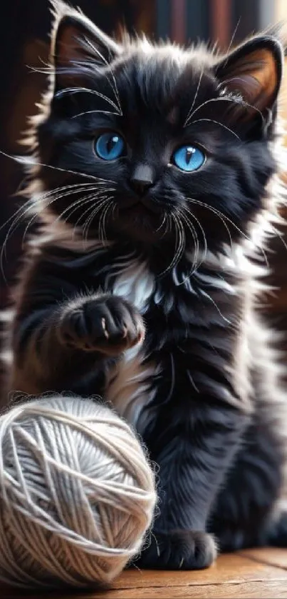 Adorable fluffy black kitten with blue eyes and yarn in cozy setting.