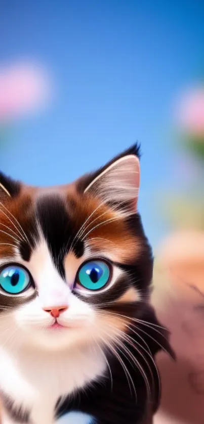 Adorable kitten with striking blue eyes in a colorful background.