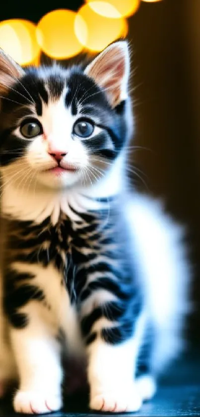 Adorable black and white kitten with bokeh lights.