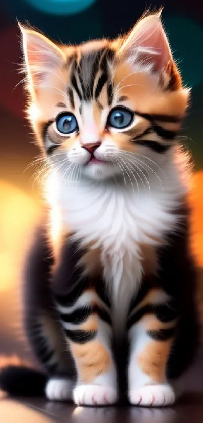 Adorable kitten with vibrant bokeh lights background.